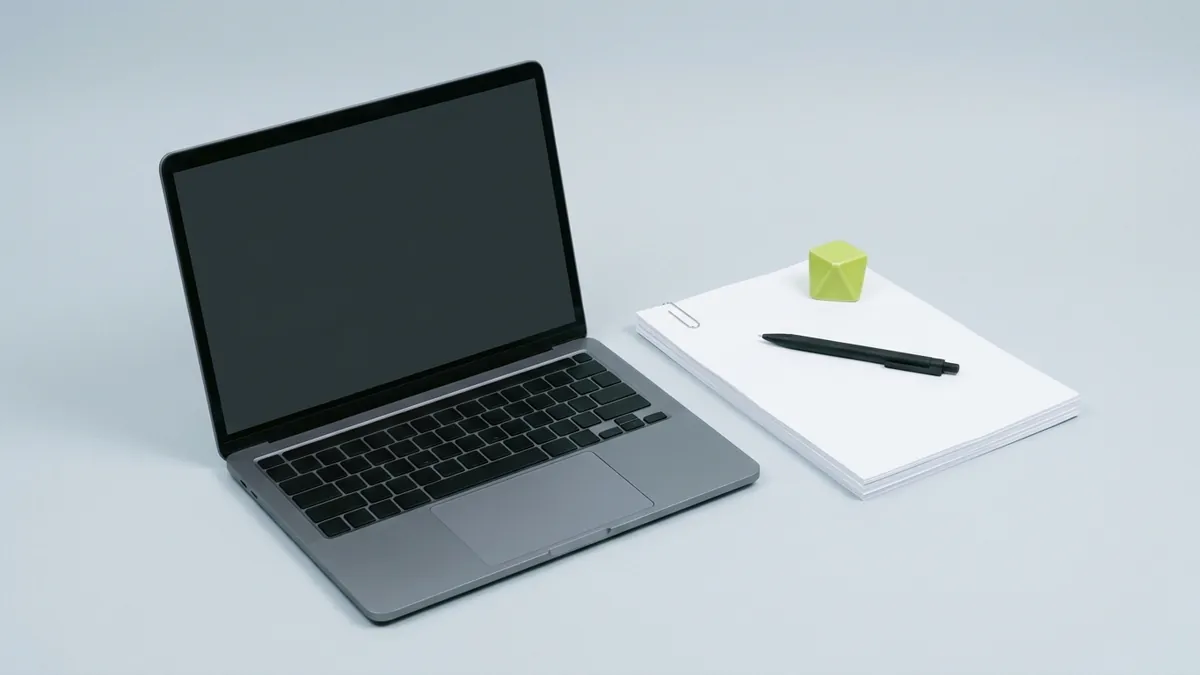 Notebook s prázdnou obrazovkou, stoh vytlačených strán so sponou a pero na svetlosivom pozadí.