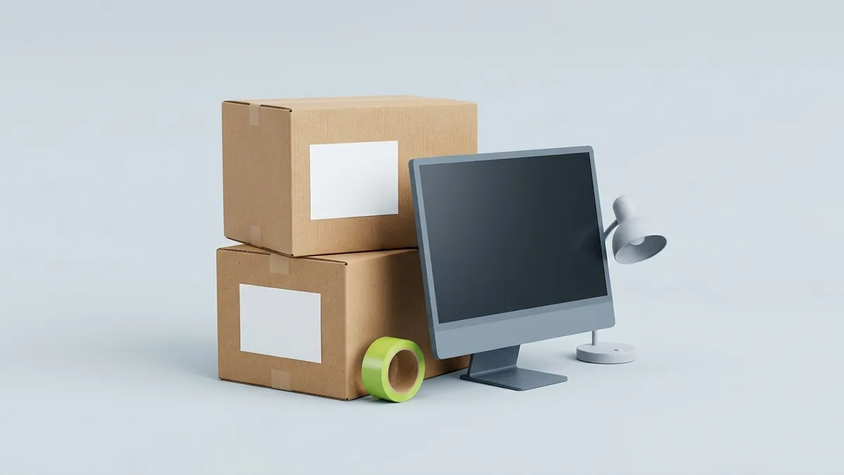 Kartónové krabice na sťahovanie kancelárie, monitor s prázdnou obrazovkou, stolná lampa a rolka lepiacej pásky na svetlosivom pozadí.